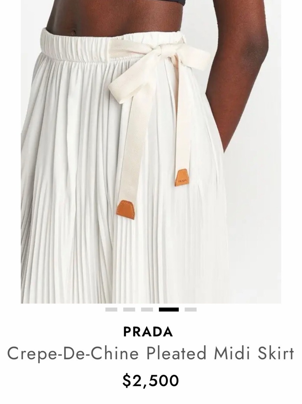 PRADA Ivory Pleated Crepe-De-Chine Midi Skirt with Ribbon Tie. Size 42